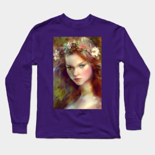 Dreamy kitschy Maiden with Flower Wreath Long Sleeve T-Shirt